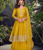 Yellow embroidery, mirror and sequins jacquard silk straight palazzo suit- free size stitched(size upto 42")