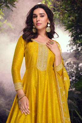 Yellow embroidery, mirror and sequins jacquard silk straight palazzo suit- free size stitched(size upto 42") 2