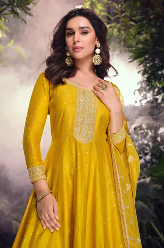 Yellow embroidery, mirror and sequins jacquard silk straight palazzo suit- free size stitched(size upto 42")