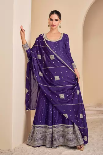 Indigo embroidery sequinse jacquard slik gown - free size stitched(size upto 42")