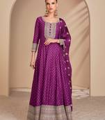 Purple embroidery sequinse jacquard slik gown - free size stitched(size upto 42")