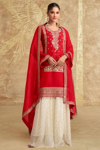 Red embroidery sequinse chinon slik straight palazzo - free size stitched(size upto 42")