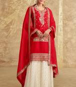 Red embroidery sequinse chinon slik straight palazzo - free size stitched(size upto 42")
