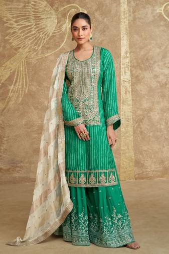 Teal green embroidery sequinse chinon slik straight palazzo - free size stitched(size upto 42")
