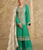 Teal green embroidery sequinse chinon slik straight palazzo - free size stitched(size upto 42")
