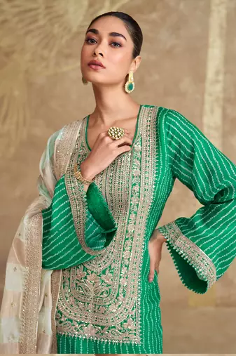 Teal green embroidery sequinse chinon slik straight palazzo - free size stitched(size upto 42")