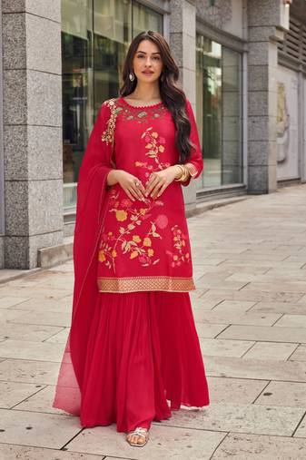 Pink embroidery sequinse jacquard silk straight palazzo - free size stitched(size upto 42")