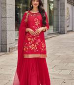 Pink embroidery sequinse jacquard silk straight palazzo - free size stitched(size upto 42")