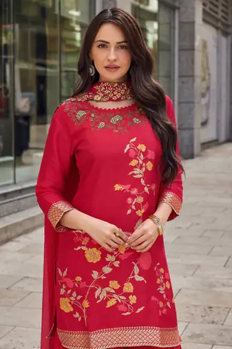 Pink embroidery sequinse jacquard silk straight palazzo - free size stitched(size upto 42")