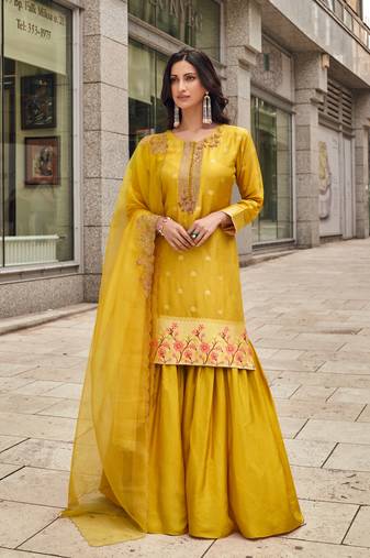 Mustard embroidery sequinse jacquard silk straight palazzo - free size stitched(size upto 42")