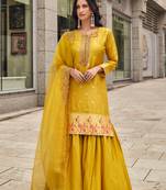 Mustard embroidery sequinse jacquard silk straight palazzo - free size stitched(size upto 42")