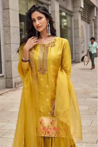 Mustard embroidery sequinse jacquard silk straight palazzo - free size stitched(size upto 42")