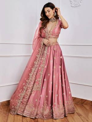 pink art silk sequin embroidered lehenga set choli with dupatta 4