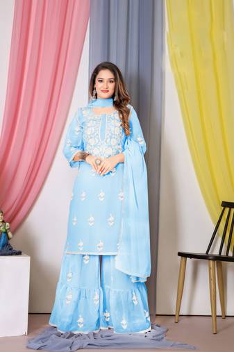 Blue embroidered georgette free size stitched straight sharara suits.