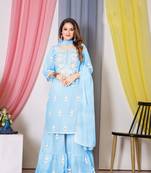 Blue embroidered georgette free size stitched straight sharara suits.