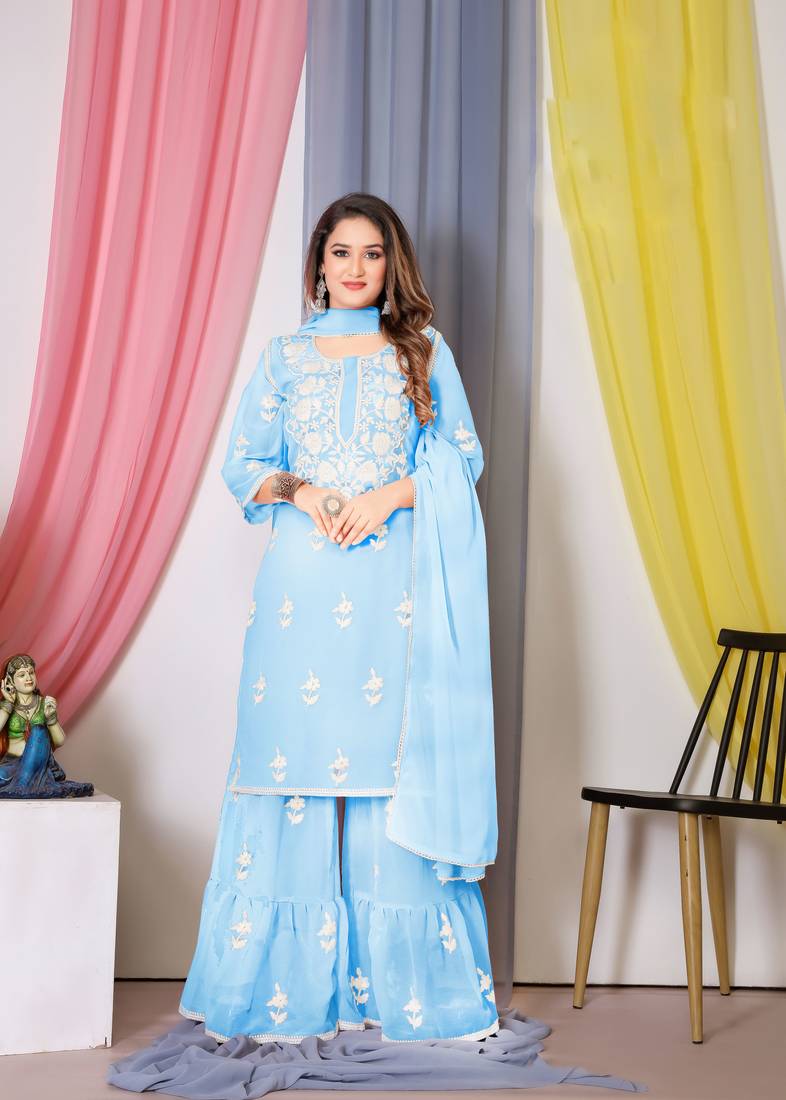 Blue embroidered georgette free size stitched straight sharara suits.