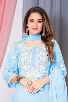 Blue embroidered georgette free size stitched straight sharara suits. 2