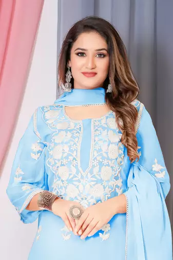 Blue embroidered georgette free size stitched straight sharara suits.