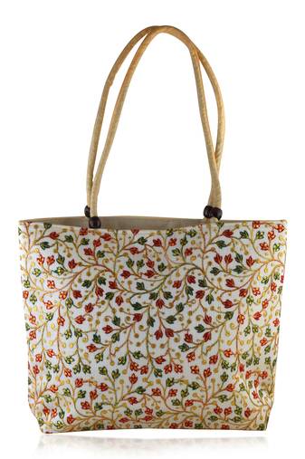 Beige colouful hand embroidery big handbag for women