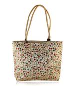 Beige colouful hand embroidery big handbag for women