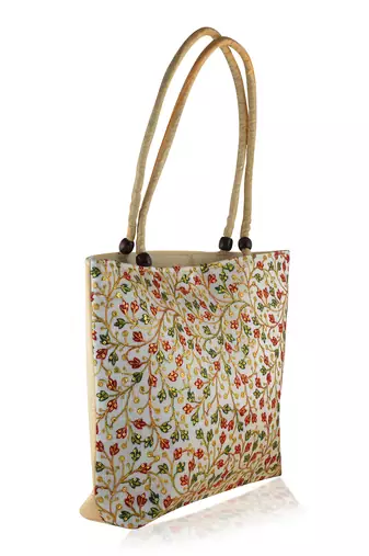 Beige colouful hand embroidery big handbag for women
