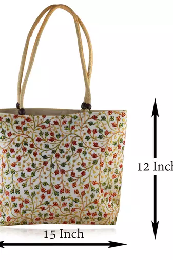 Beige colouful hand embroidery big handbag for women