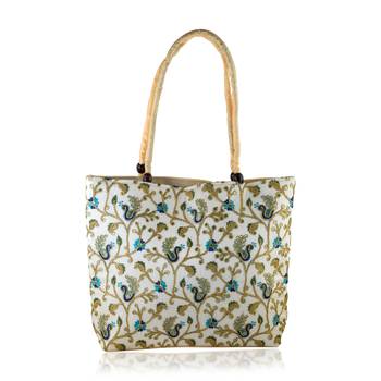 Beige coloured handmade embroidery work big handbag for women 1