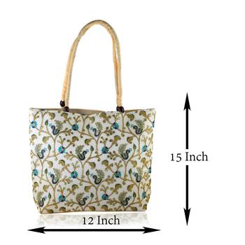Beige coloured handmade embroidery work big handbag for women 4