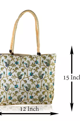 Beige coloured handmade embroidery work big handbag for women