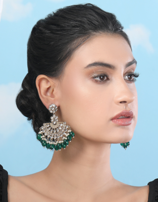 Royal kundan & green beaded chandbali earrings 1