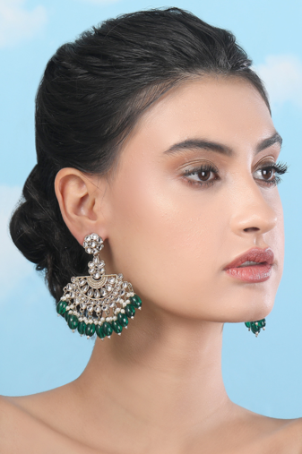 Royal kundan & green beaded chandbali earrings