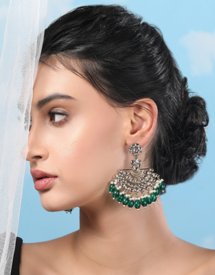 Royal kundan & green beaded chandbali earrings 2