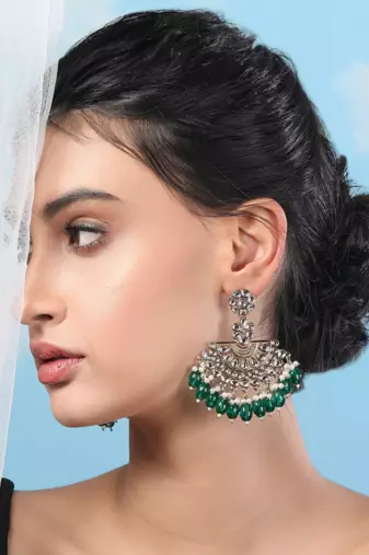Royal kundan & green beaded chandbali earrings