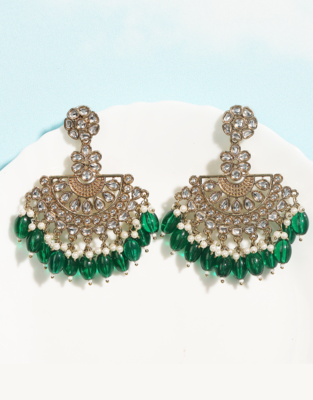 Royal kundan & green beaded chandbali earrings 3