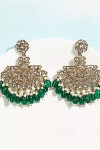 Royal kundan & green beaded chandbali earrings