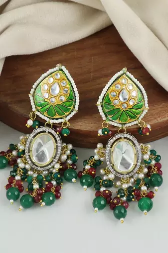 Green Meena Kundan Polki Earrings Wedding Jewelry