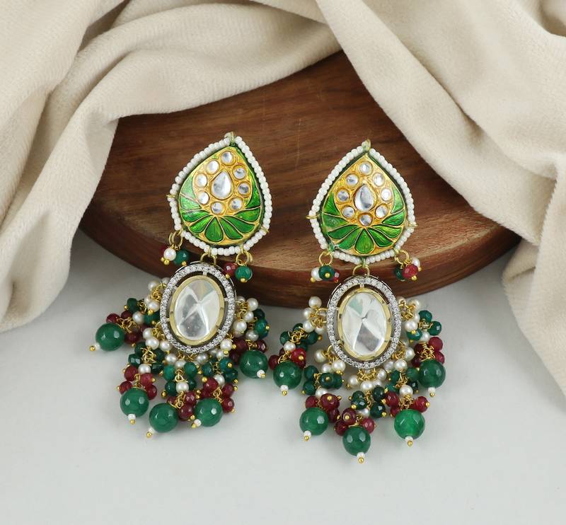 Green Meena Kundan Polki Earrings Wedding Jewelry