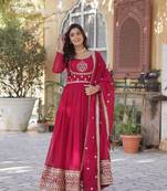 Pink zari and sequins work georgette fabric heavy partywear gown with dupatta
