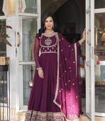 Wine zari and sequins work georgette fabric heavy partywear gown with dupatta
