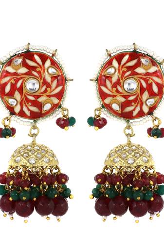 Red Meenakari Polki Jhumki Earrings Brass Jewelry