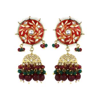 Red Meenakari Polki Jhumki Earrings Brass Jewelry 1
