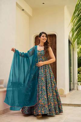 Rama silk print ceremonial gown with dupatta 1
