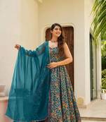 Rama silk fabric designer print ceremonial gown with dupatta