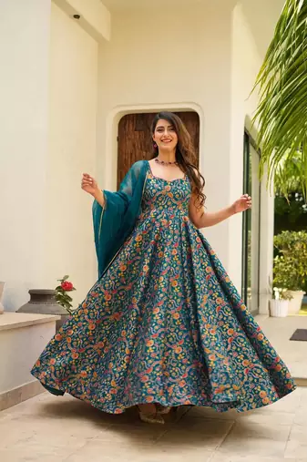 Rama silk print ceremonial gown with dupatta