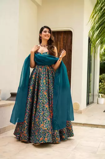 Rama silk print ceremonial gown with dupatta