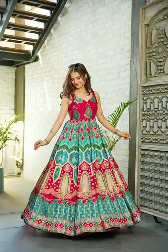 Pink silk print ceremonial gown with dupatta