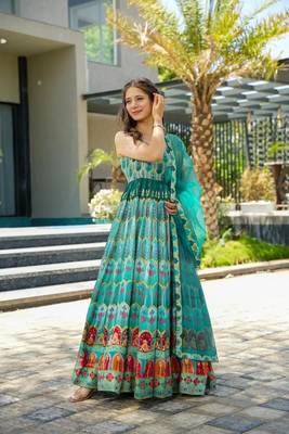 Sea green silk print ceremonial gown with dupatta 1