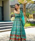 Sea green silk fabric designer print ceremonial gown with dupatta