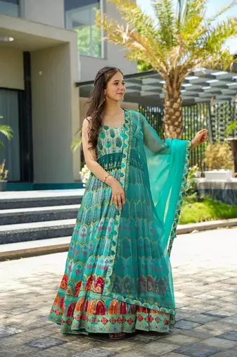 Sea green silk print ceremonial gown with dupatta