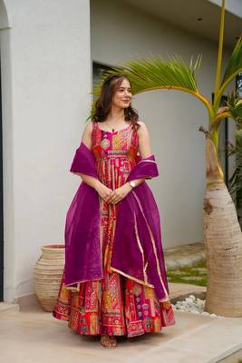 Multy silk fabric designer print ceremonial gown with dupatta 1
